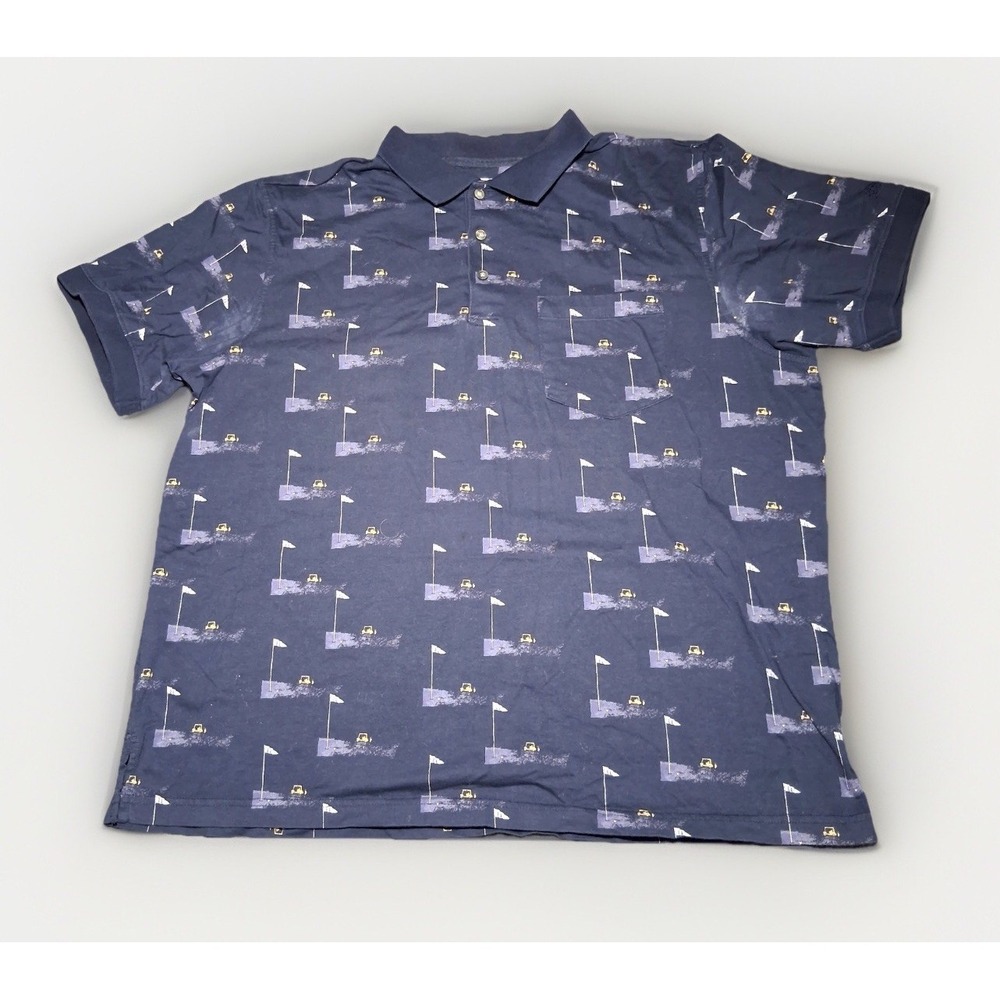 Grand Slam Mens XL‎ Navy Blue Golf Cart Flag Print Mercerized Cotton Polo Shirt